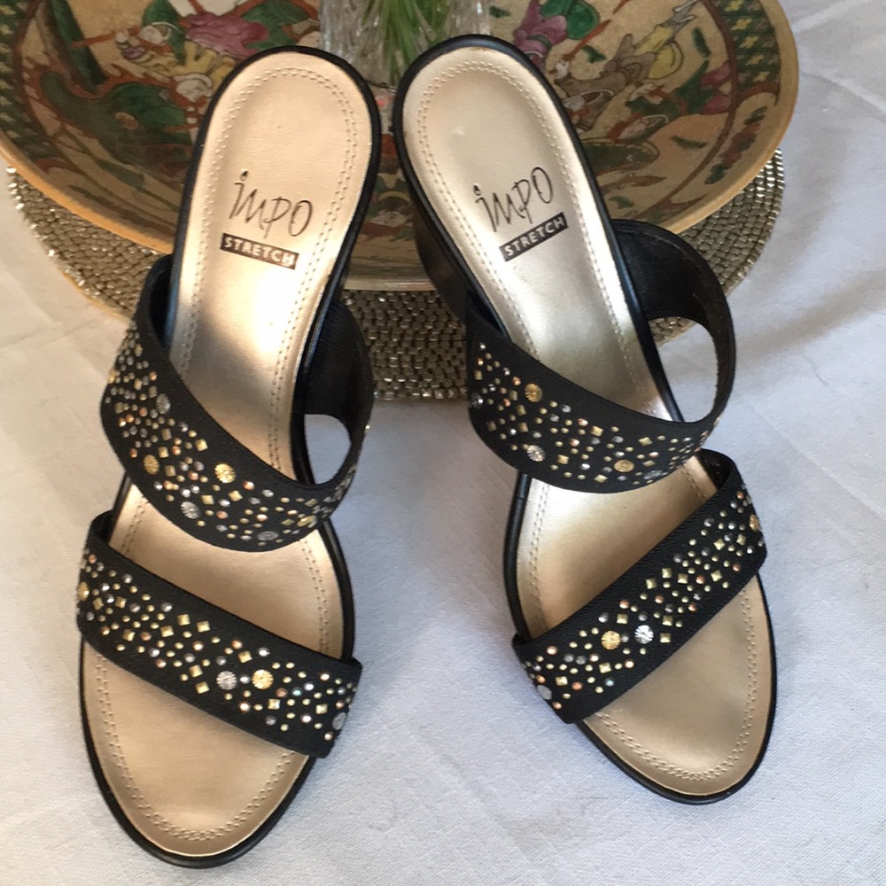 Impo Stretch Jeweled Black Mules, 3.25” Heel, Size 8.5 M, Never Worn